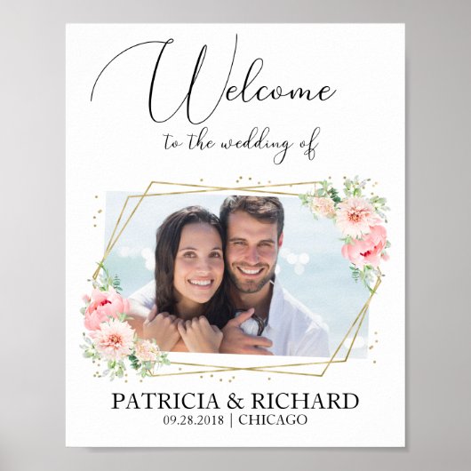 エレガント赤面フローラ写真の結婚ウェルカムサイン ポスター (正面)