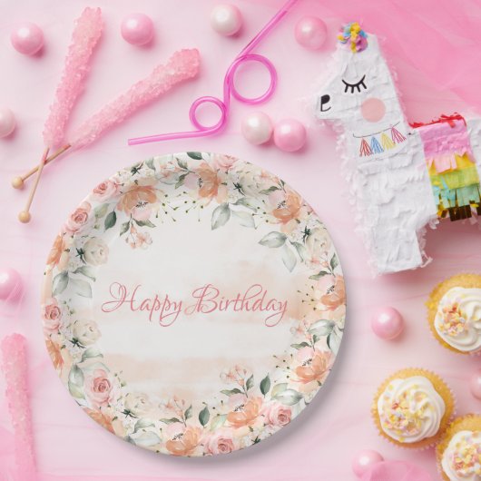 エレガント赤面フローラ水彩スクリプト誕生日 ペーパープレート (パーティー)