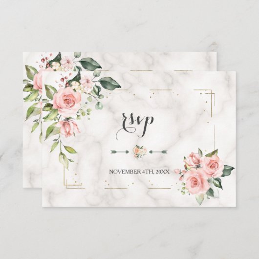 エレガント赤面フローラ金ゴールドグリッター結婚大理石 出欠カード (正面/裏面)