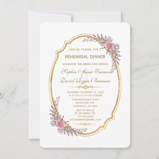 エレガント赤面フローラ金ゴールドフレームリハーサルディナー 招待状 (正面)