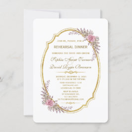 エレガント赤面フローラ金ゴールドフレームリハーサルディナー 招待状