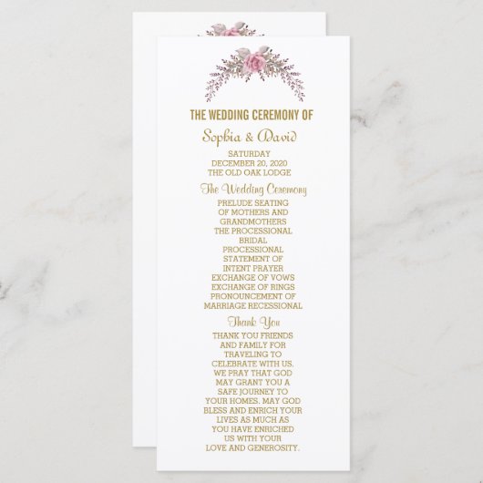 エレガント赤面フローラ金ゴールドフレーム結婚式 プログラム (正面/裏面)