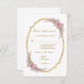 エレガント赤面フローラ金ゴールドフレーム結婚式RSVP 出欠カード (正面/裏面)