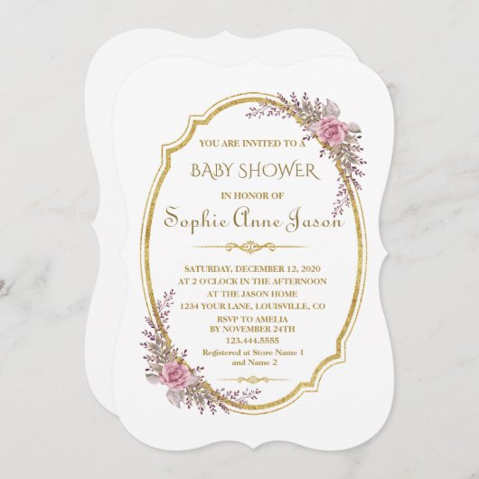 エレガント赤面フローラ金ゴールドフレーム赤ちゃんシャワー 招待状 (正面/裏面)