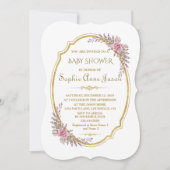 エレガント赤面フローラ金ゴールドフレーム赤ちゃんシャワー 招待状 (正面)