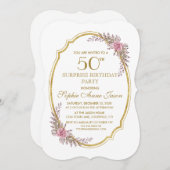 エレガント赤面フローラ金ゴールド50thサープライズ誕生日 招待状 (正面/裏面)