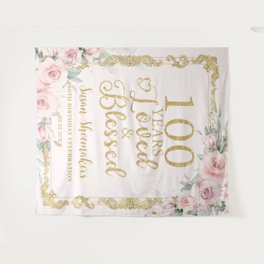 エレガント赤面フローラ100番目の誕生日愛さ賛美れた タペストリー (正面(横))