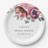 エレガント赤面ブルゴーニュバラフローラブライダルシャワー ペーパープレート (正面)