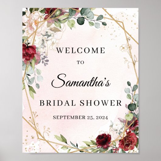 エレガント赤面ブルゴーニュフローラ金ゴールド歓迎サイン ポスター (正面)