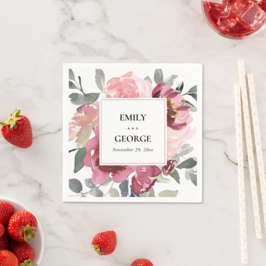 エレガント赤面ブルゴーニュ水彩フローラ結婚ズ スタンダードカクテルナプキン (インサイチュ)