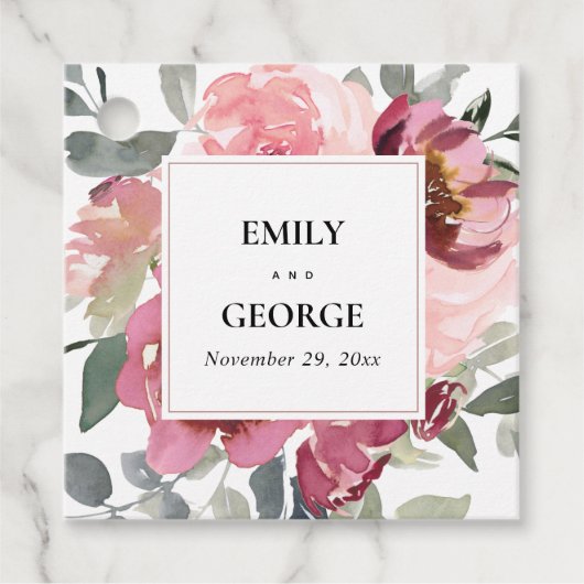 エレガント赤面ブルゴーニュ水彩フローラ結婚ズ フェイバータグ (正面)