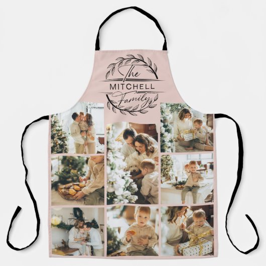エレガント赤面モダンピンクファミリーフォトコラージュ エプロン (正面)