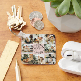 エレガント赤面モダンピンクファミリーフォトコラージュ キーホルダー