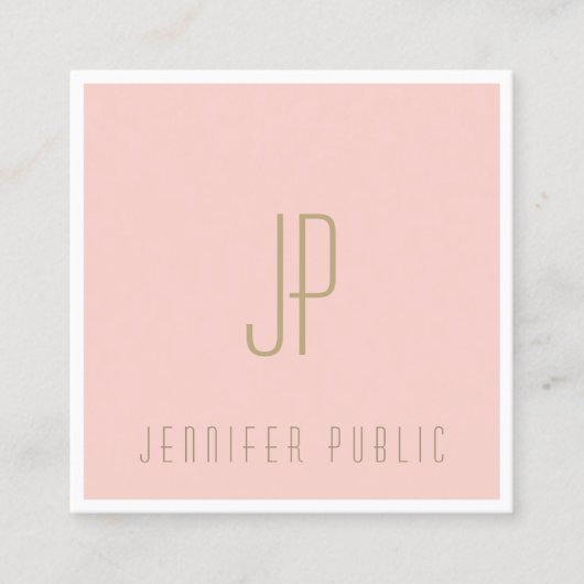 エレガント赤面モノグラムのピンク金ゴールド文字 スクエア名刺 (正面)