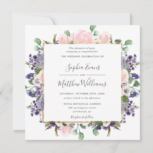 エレガント赤面ラベンダーパープルフローラ結婚金ゴールド 招待状 (正面)
