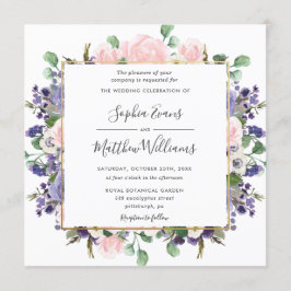 エレガント赤面ラベンダーパープルフローラ結婚金ゴールド 招待状