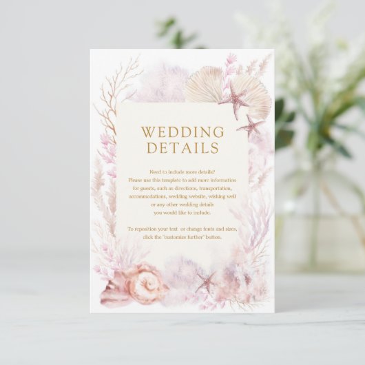 エレガント赤面ラベンダー海ビーチ結婚式詳細 エンクロージャーカード (スタンド正面)