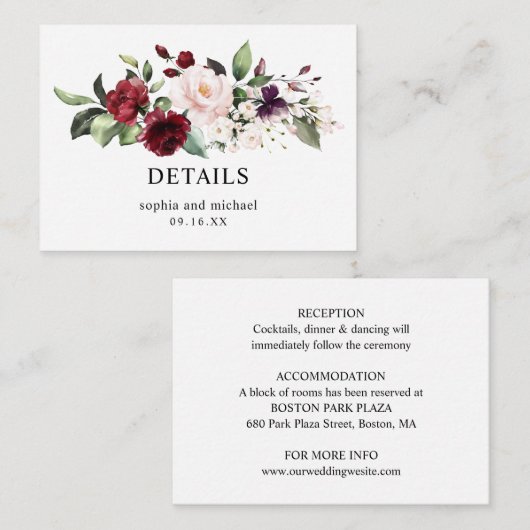 エレガント赤面ワインフローラ結婚ズ詳細エンクロシュール エンクロージャーカード (正面/裏面)