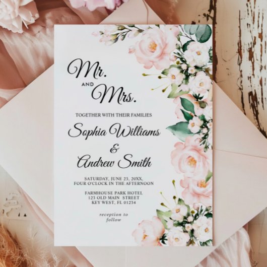 エレガント赤面優しいバラ結婚の花 招待状