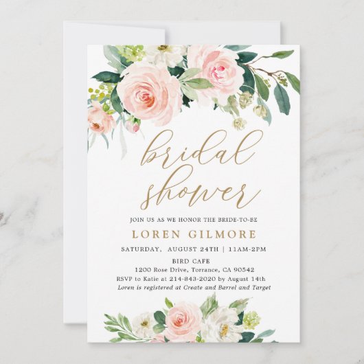 エレガント赤面水彩フローラブライダルシャワー 招待状 (正面)