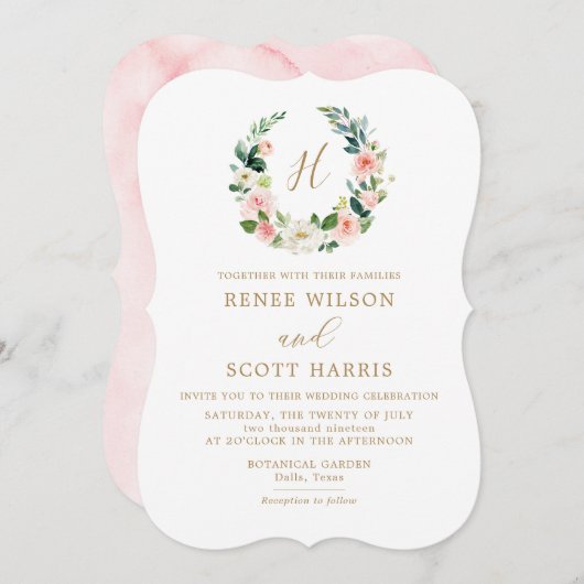 エレガント赤面水彩フローラモノグラム結婚ズ 招待状 (正面/裏面)