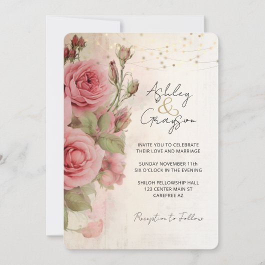 エレガント赤面水色フローラ結婚 招待状 (正面)