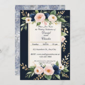 エレガント赤面海軍フローラ結婚式招待状 招待状 (正面/裏面)