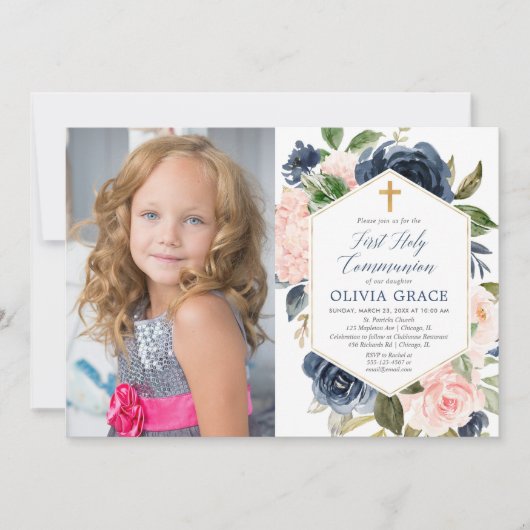 エレガント赤面海軍女子ファースト聖体拝領写真 招待状 (正面)