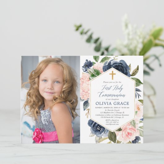 エレガント赤面海軍女子ファースト聖体拝領写真 招待状 (スタンド正面)