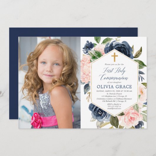 エレガント赤面海軍女子ファースト聖体拝領写真 招待状 (正面/裏面)