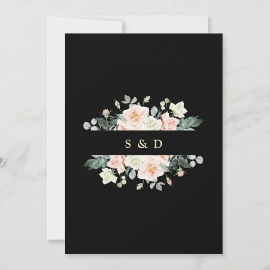 エレガント赤面白い花金ゴールド黒結婚色 招待状 (裏面)