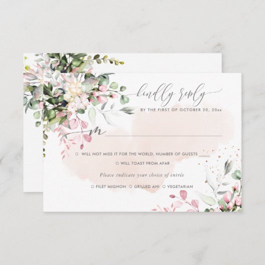 エレガント赤面素朴ピンクユーカリプトゥス、食事RSVP 招待状 (正面/裏面)