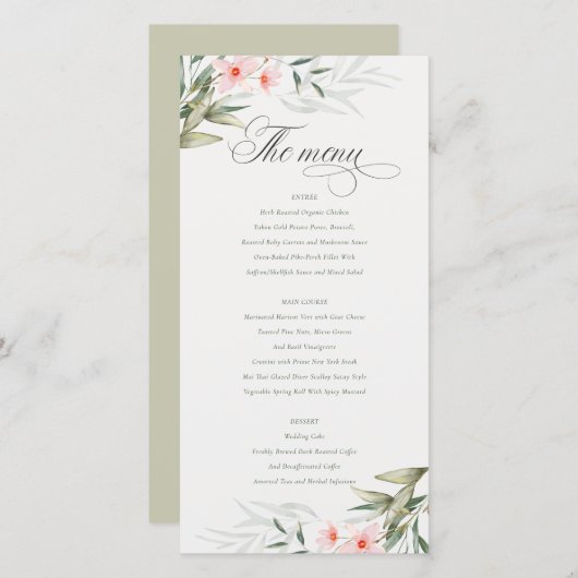 エレガント赤面緑のフローラ結婚のメニューカード サンキューカード (正面/裏面)