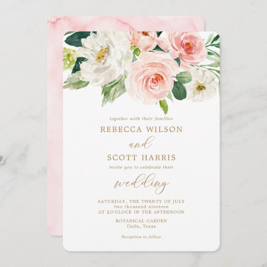 エレガント赤面花水彩春の結婚式 招待状 (正面/裏面)