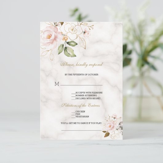 エレガント赤面金ゴールドフラワーズソングリクエス結婚ト 出欠カード (スタンド正面)