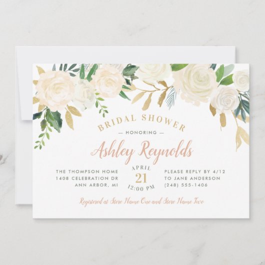 エレガント赤面金ゴールド結婚フローラブライダルシャワー 招待状 (正面)