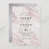 エレガント赤面&シルバーマーブル&グリッター結婚ズ 招待状 (正面/裏面)