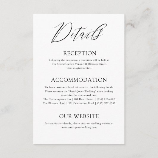 エレガント赤面&ブルータイポグラフィ結婚詳細 エンクロージャーカード (正面)