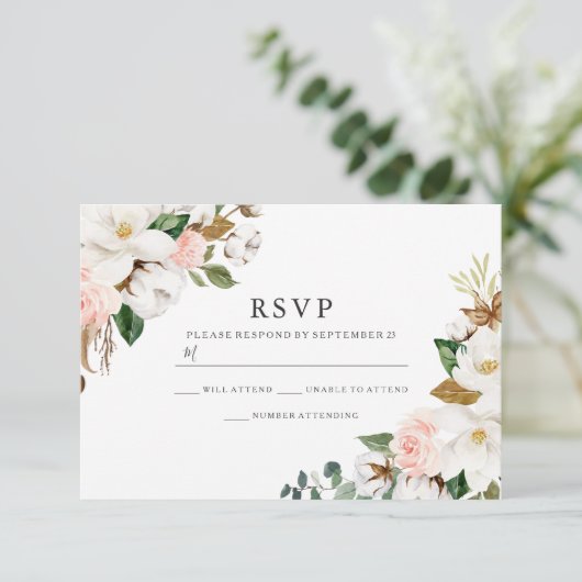 エレガント赤面&ホワイトウォーター色の花結婚の 出欠カード (スタンド正面)