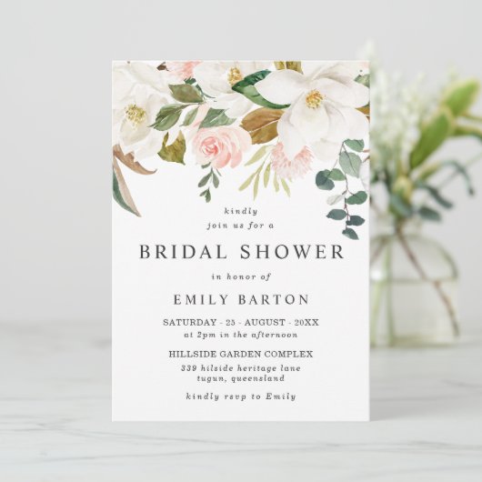 エレガント赤面&ホワイトフローラブライダルシャワー 招待状 (スタンド正面)