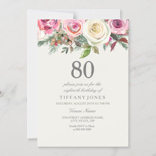 エレガント赤面&ホワイトローズ80thバースデーパーティー マグネット招待状 (正面)