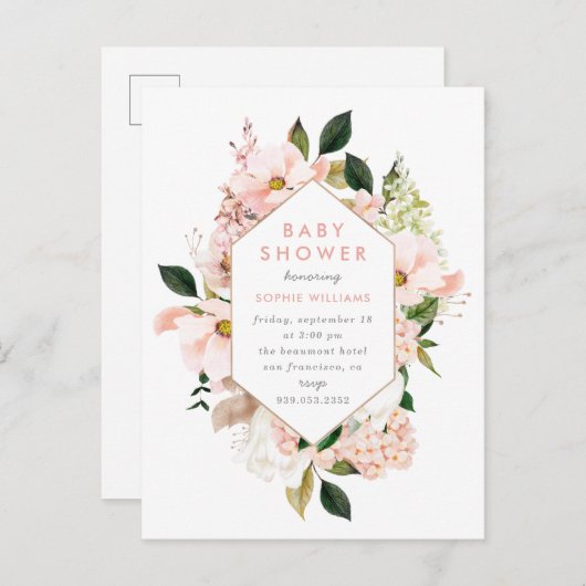 エレガント赤面&金ゴールドフローラベビーシャワー インビテーションポストカード (正面/裏面)