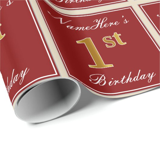 エレガント赤、フェイク金ゴールド1歳+名前をカスタムする ラッピングペーパー (ロールコーナー)