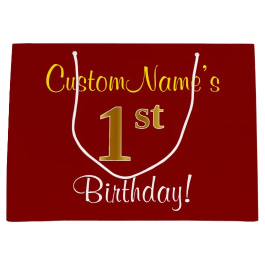 エレガント赤、フェイク金ゴールド1歳+名前をカスタムする ラージペーパーバッグ (正面)