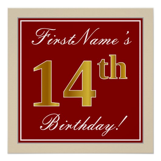 エレガント赤、フェイク金ゴールド14誕生日、名前をカスタムする ポスター (正面)