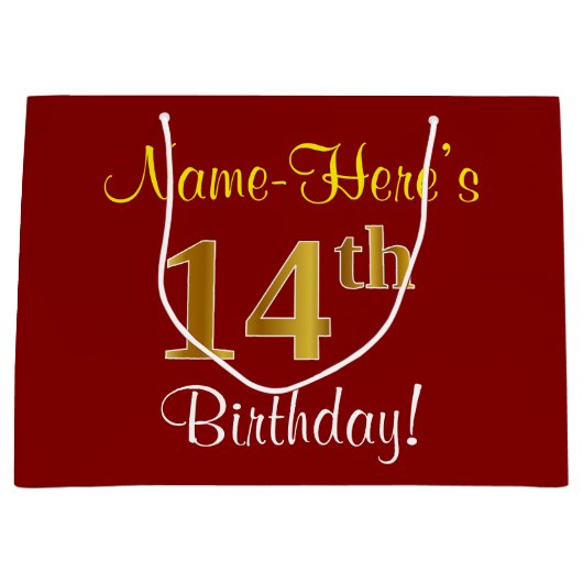エレガント赤、フェイク金ゴールド14誕生日、名前をカスタムする ラージペーパーバッグ (正面)