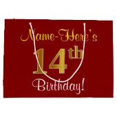 エレガント赤、フェイク金ゴールド14誕生日、名前をカスタムする ラージペーパーバッグ (裏面)