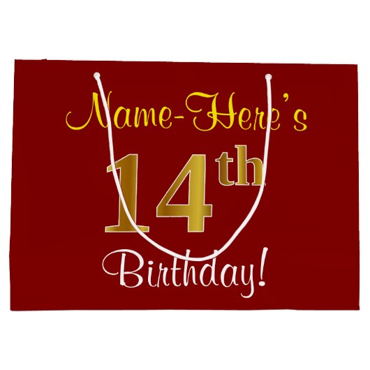エレガント赤、フェイク金ゴールド14誕生日、名前をカスタムする ラージペーパーバッグ (裏面)