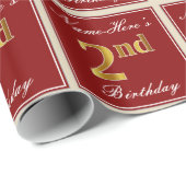 エレガント赤、フェイク金ゴールド2回目の誕生日+名前をカスタムする ラッピングペーパー (ロールコーナー)