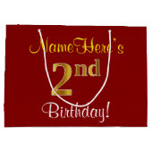 エレガント赤、フェイク金ゴールド2回目の誕生日+名前をカスタムする ラージペーパーバッグ (裏面)